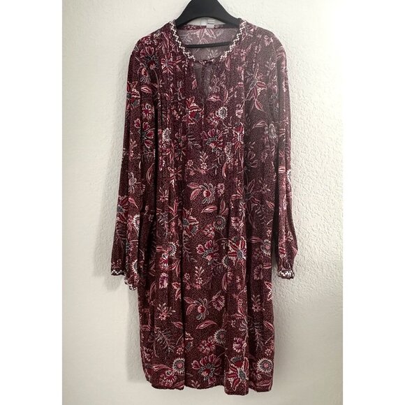 Old‎ Navy Pleated Mini Dress Womens XL Burgundy Floral L/S Boho Prairie Whimsy - Picture 1 of 10